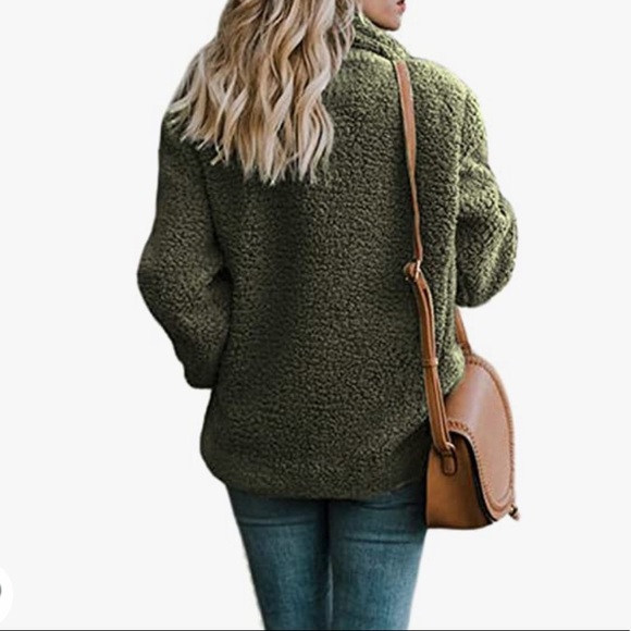 Olive green fuzzy jacket - Fleece Open Front Casual Coat with Pockets size large - Picture 2 of 8